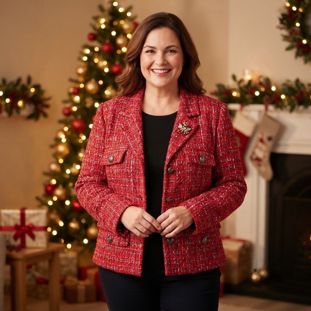 Joan Rivers Tweed Blazer Jacket Women 2X Red Textured Festive Holidays Christmas